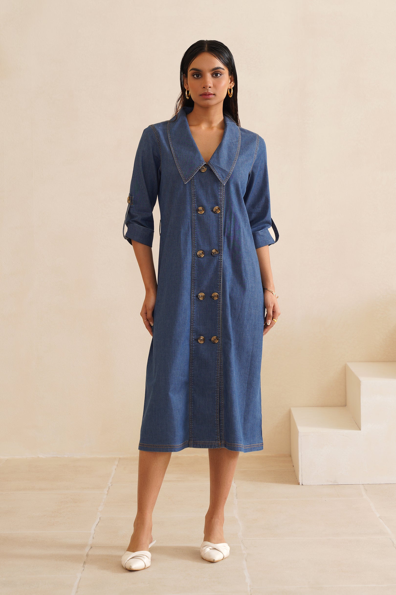 Denim Long Collar Shirt Dress