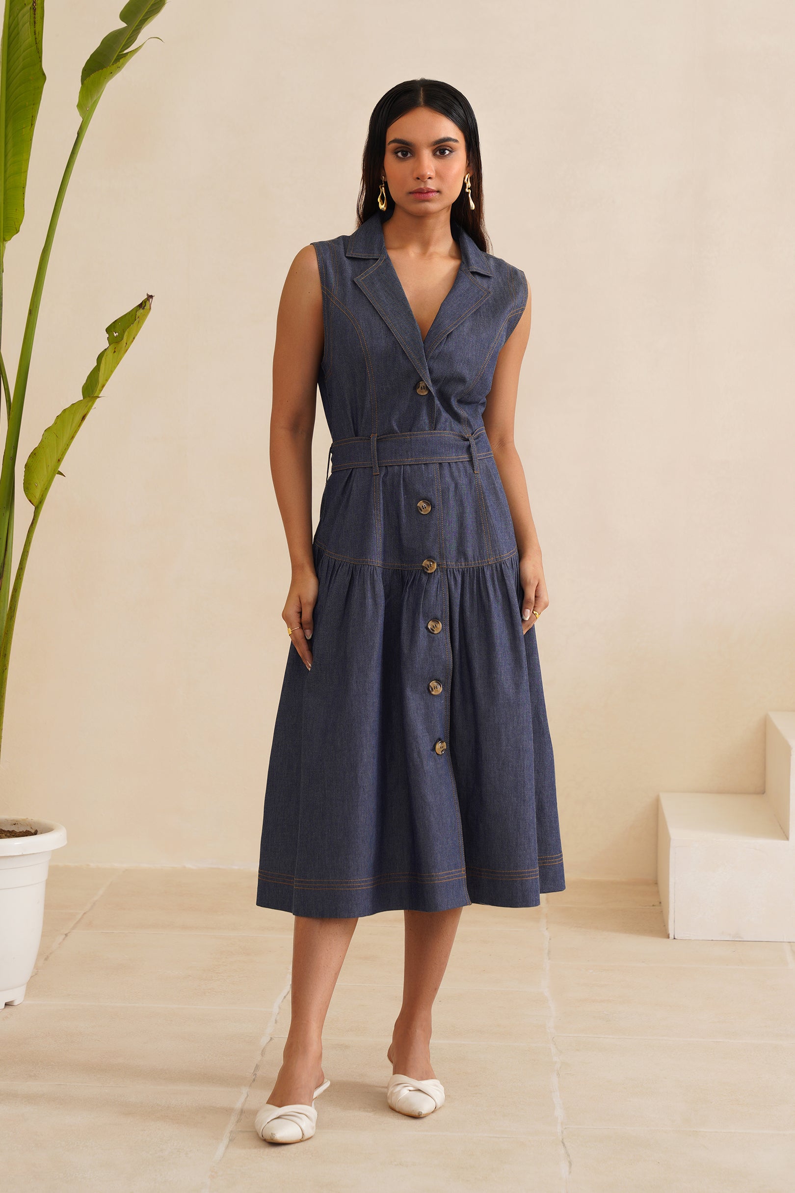 Denim Drop Wasit, Button Down, Sleeveless Dress