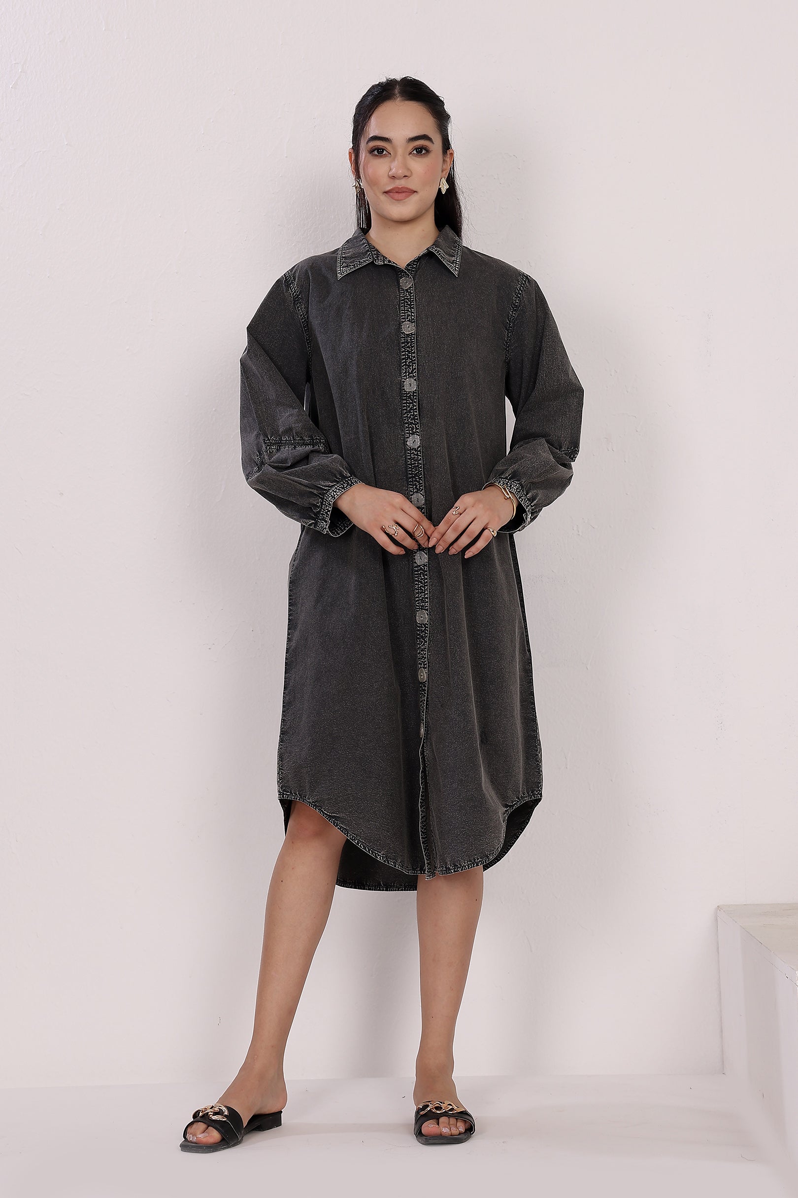 Black Acid Washed Button-down Short Shirt Dress With Belt OLIVE GREEN / S
