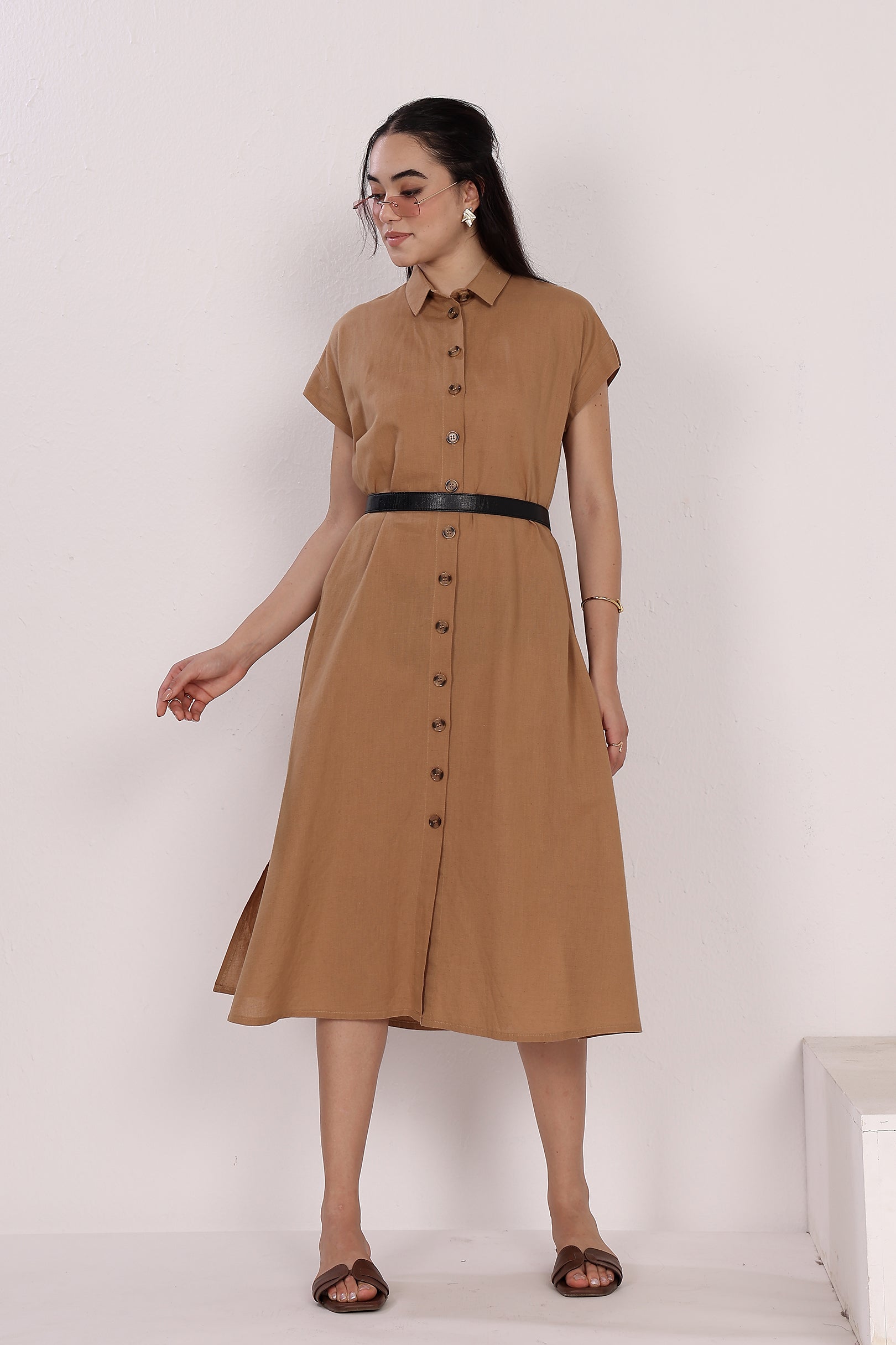 Tan Linen Button-Down Dress with Short Sleeves, Side Pockets & Slits