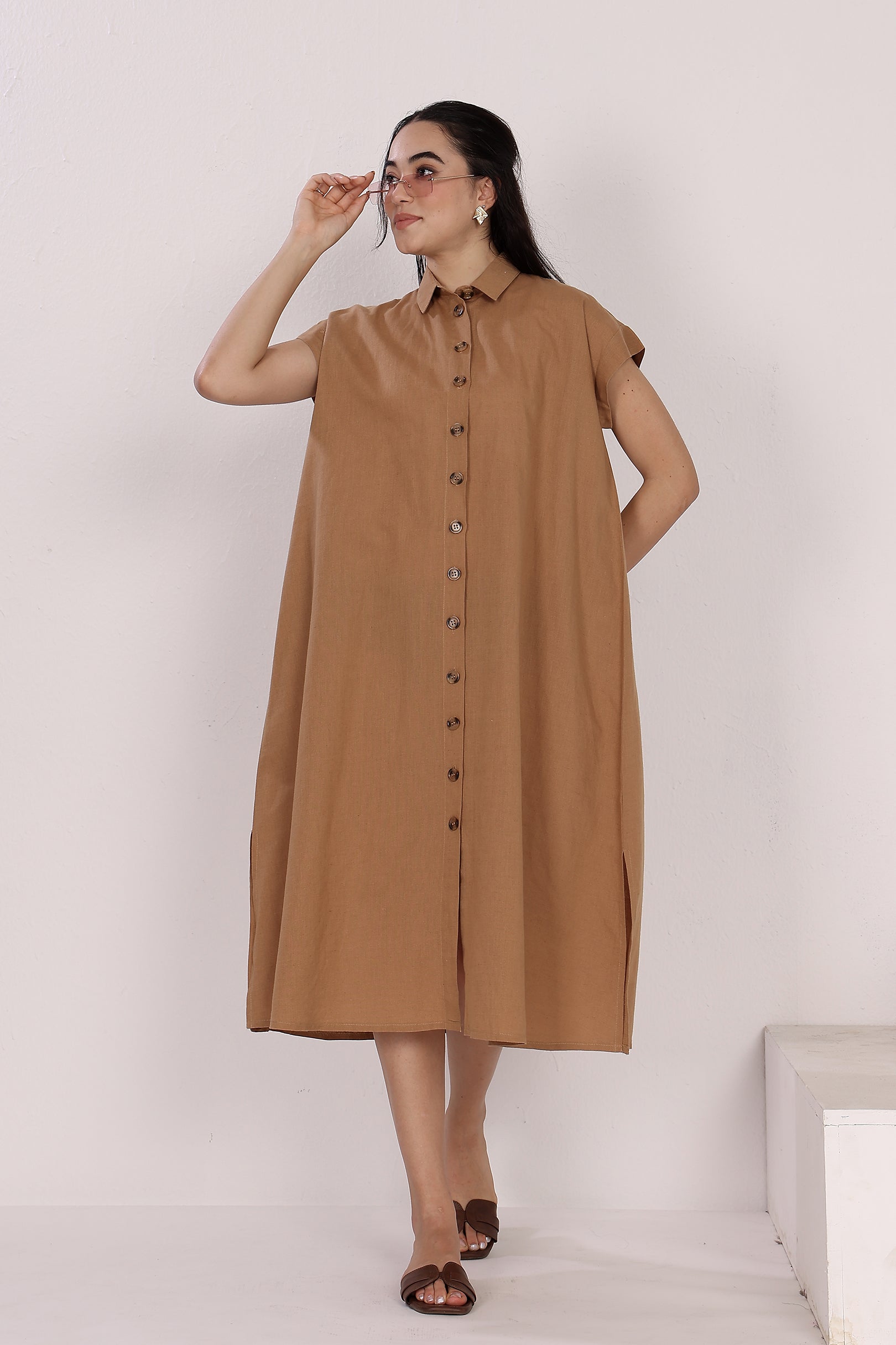 Tan Linen Button-Down Dress with Short Sleeves, Side Pockets & Slits