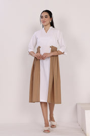 White & Tan Poplin Dress with Mandarin V Neckline, Side Waist Elastic & 3/4th Sleeve