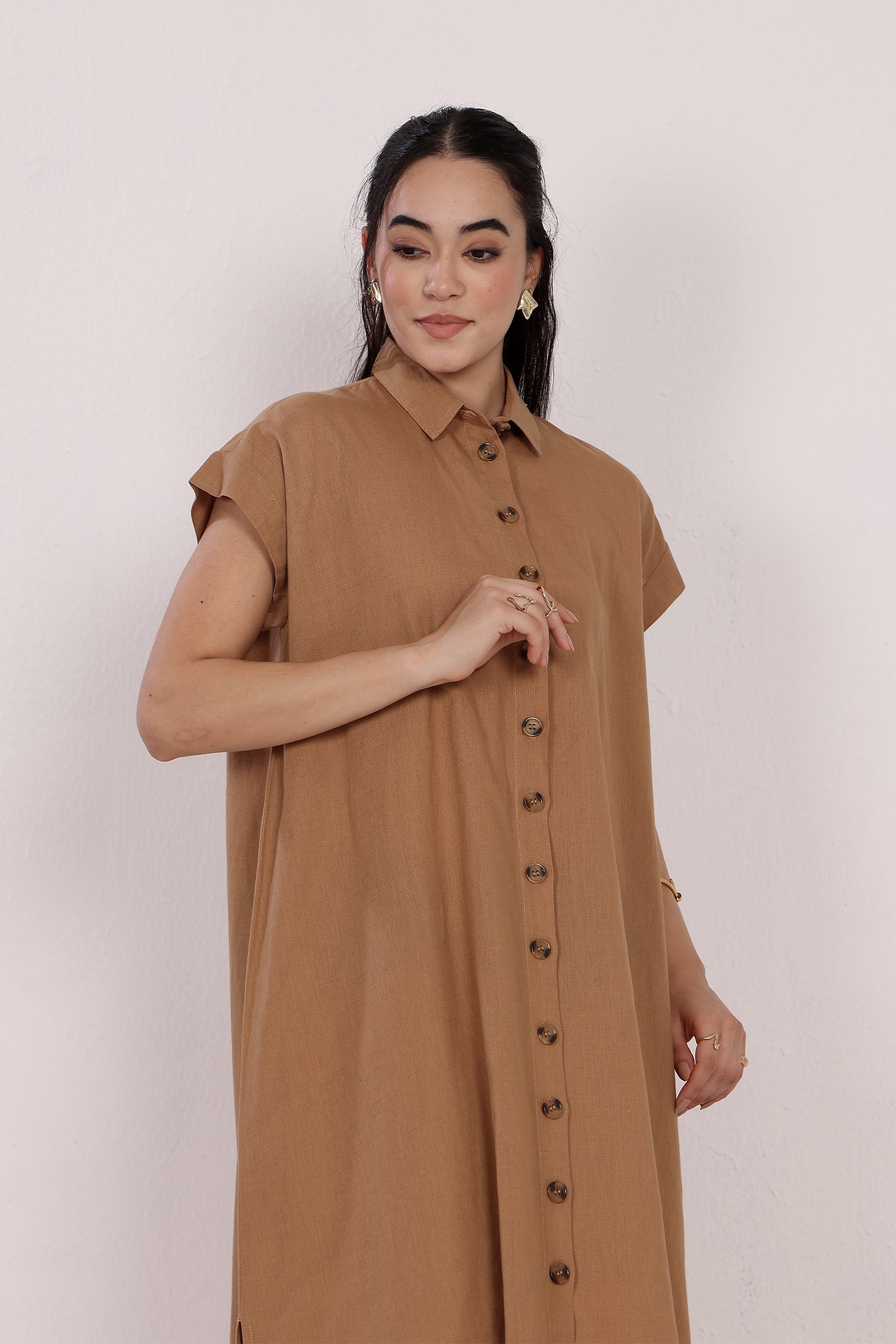 Tan Linen Button-Down Dress with Short Sleeves, Side Pockets & Slits