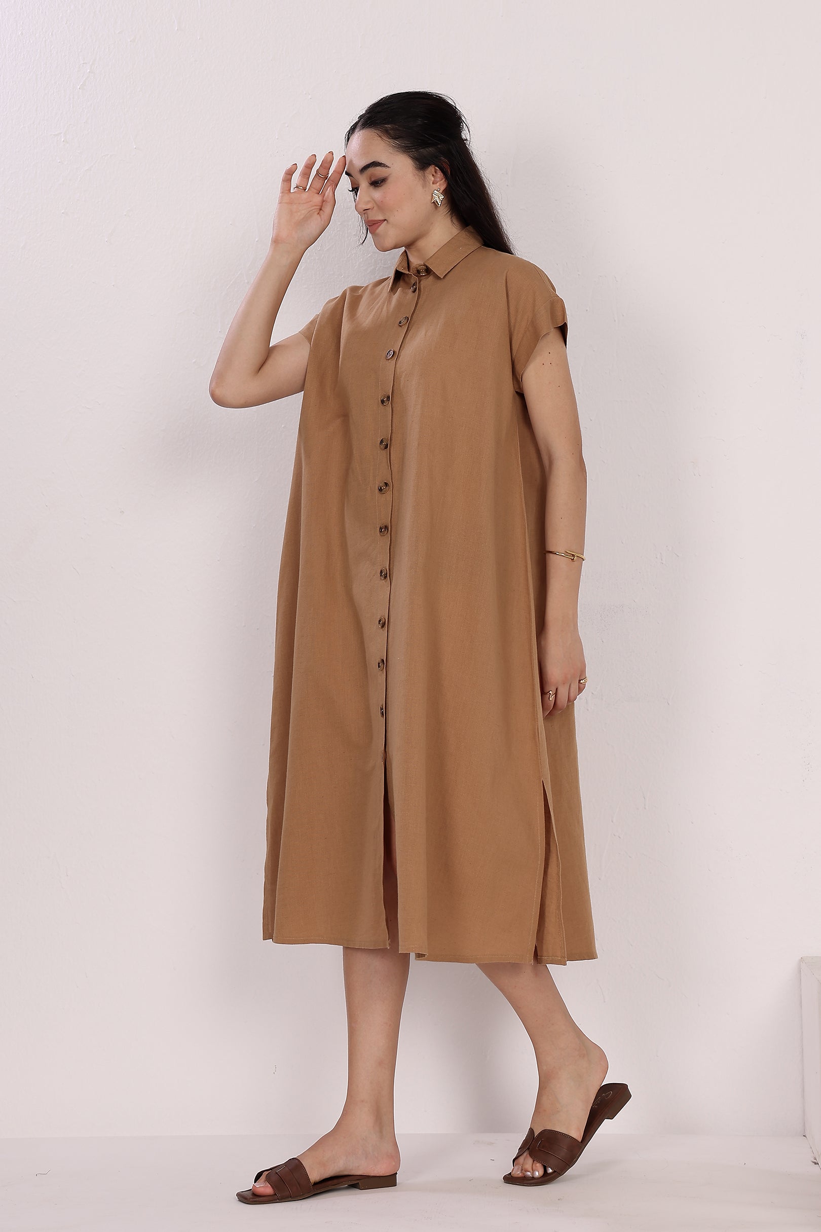 Tan Linen Button-Down Dress with Short Sleeves, Side Pockets & Slits