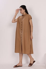 Tan Linen Button-Down Dress with Short Sleeves, Side Pockets & Slits