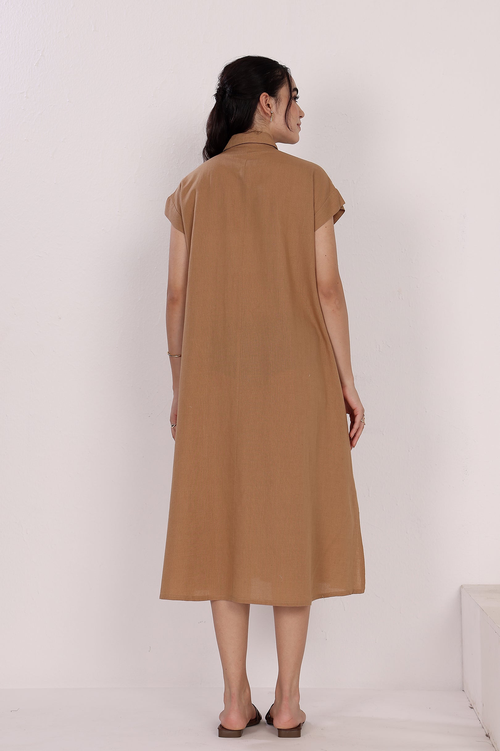 Tan Linen Button-Down Dress with Short Sleeves, Side Pockets & Slits