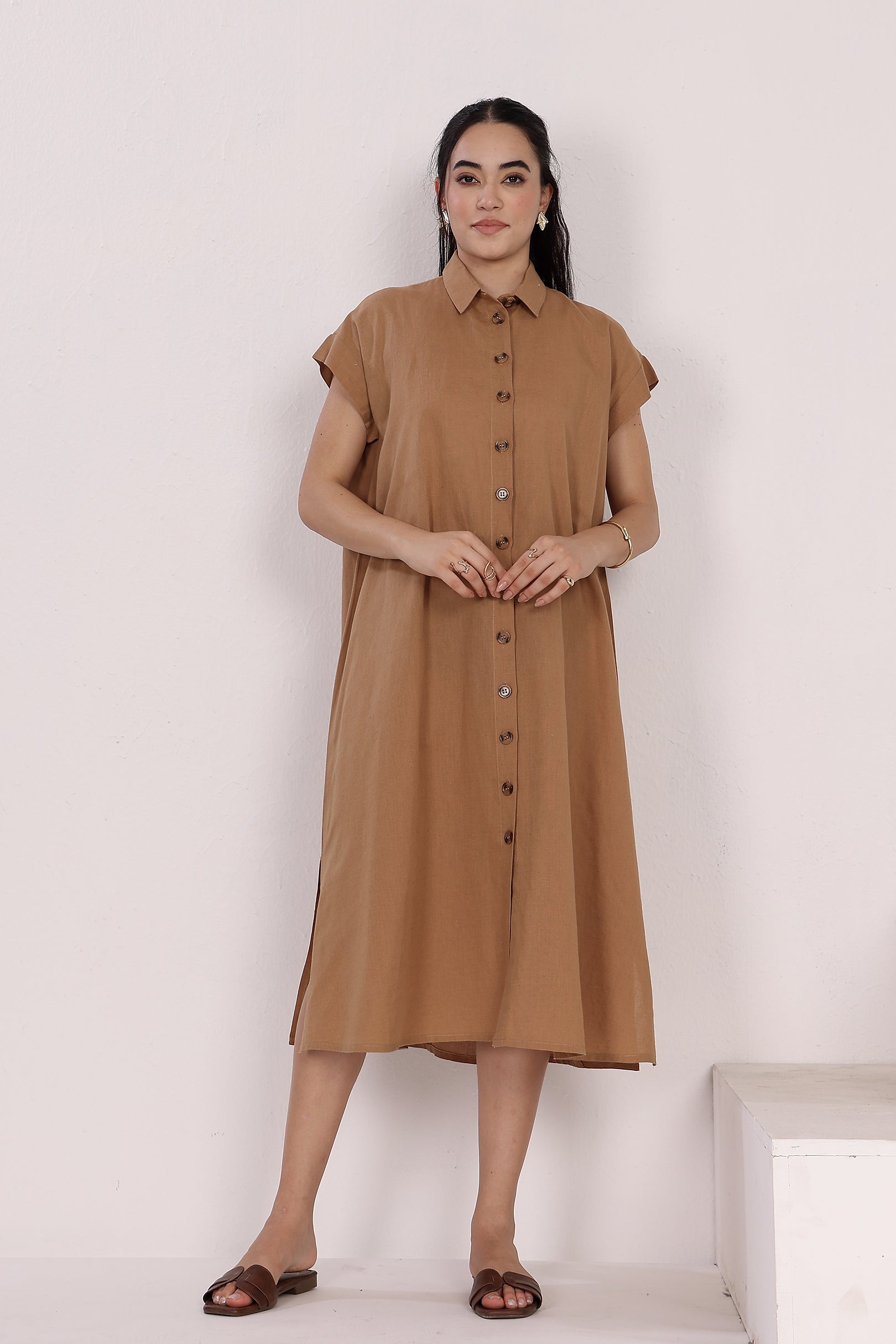 Tan Linen Button-Down Dress with Short Sleeves, Side Pockets & Slits