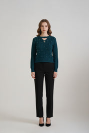 Bottle Green Pearl Bow Broch Sweater