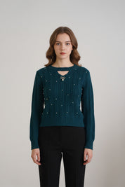 Bottle Green Pearl Bow Broch Sweater