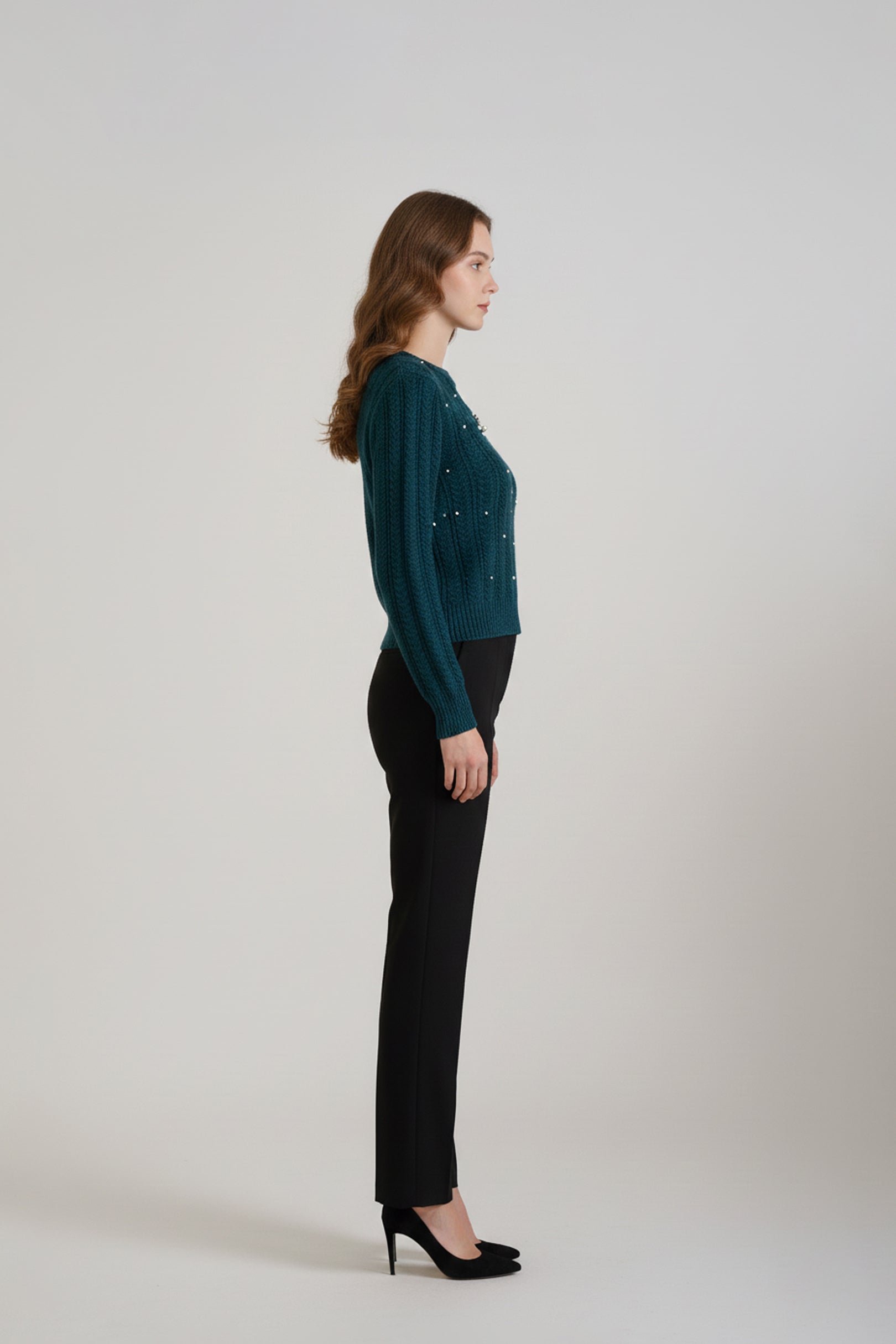 Bottle Green Pearl Bow Broch Sweater
