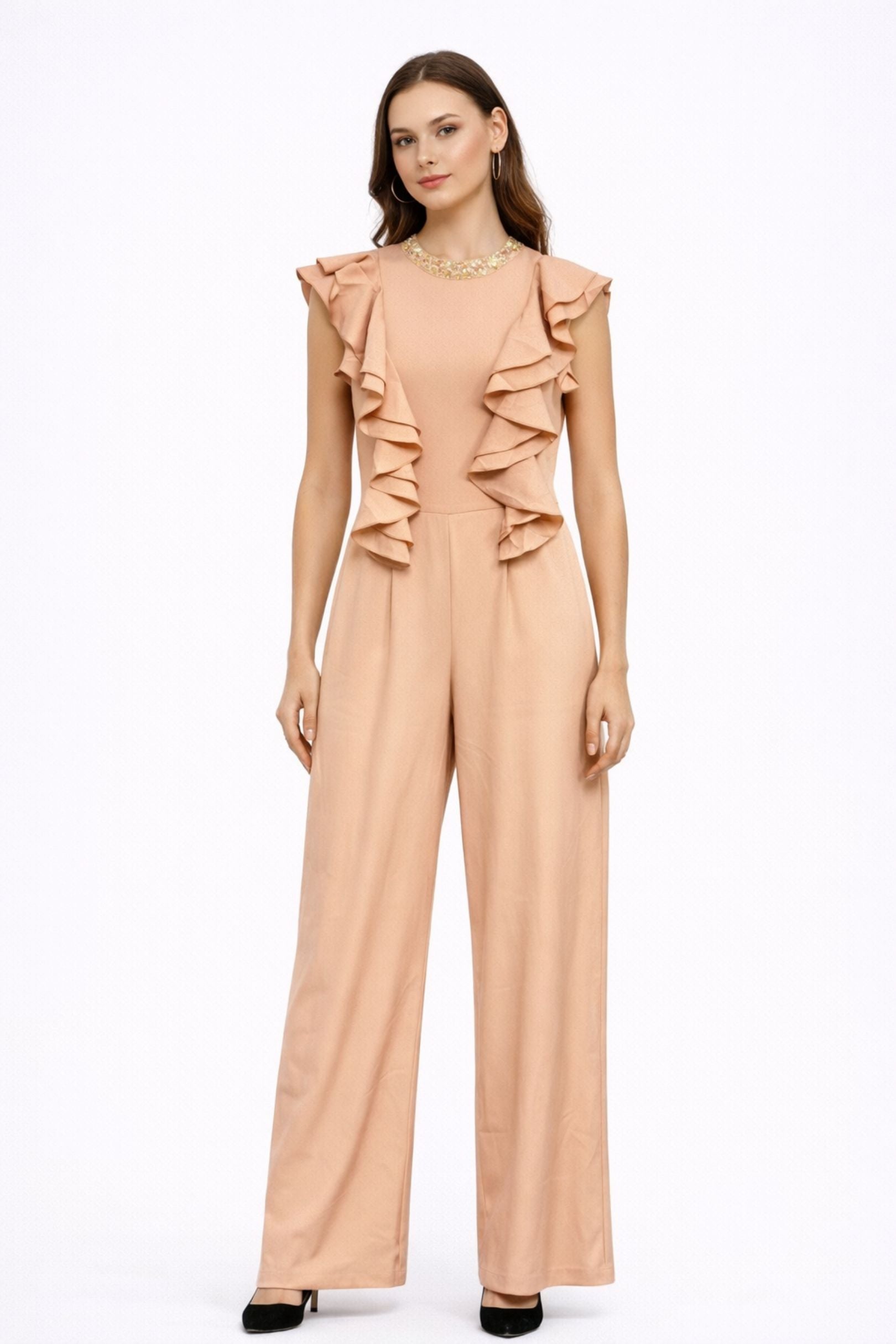 Peach Embellished Ruffle Wide-Leg Jumpsuit