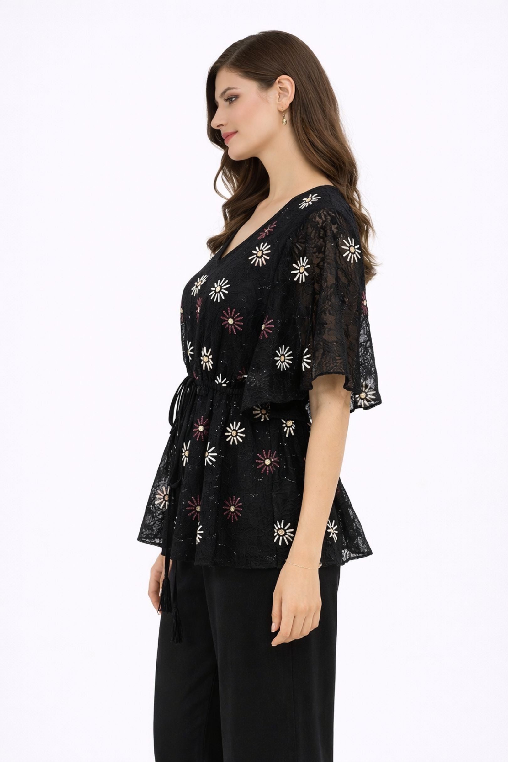 Black Embroidered Peplum Top