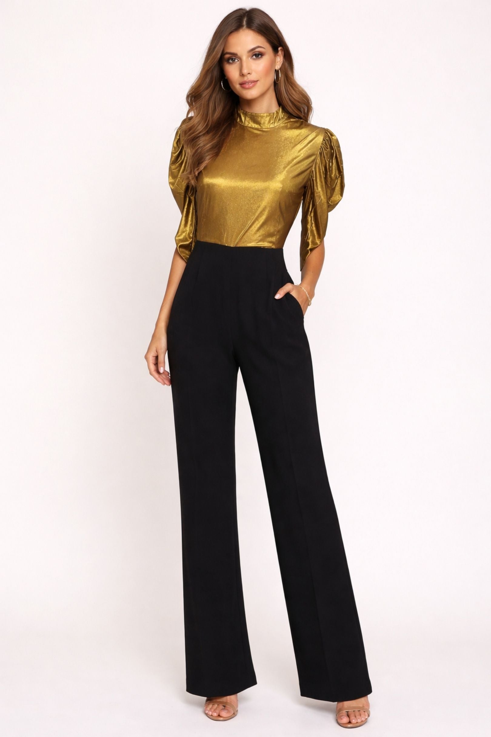 Gold & Black Puffed Sleeve Jumpsuit