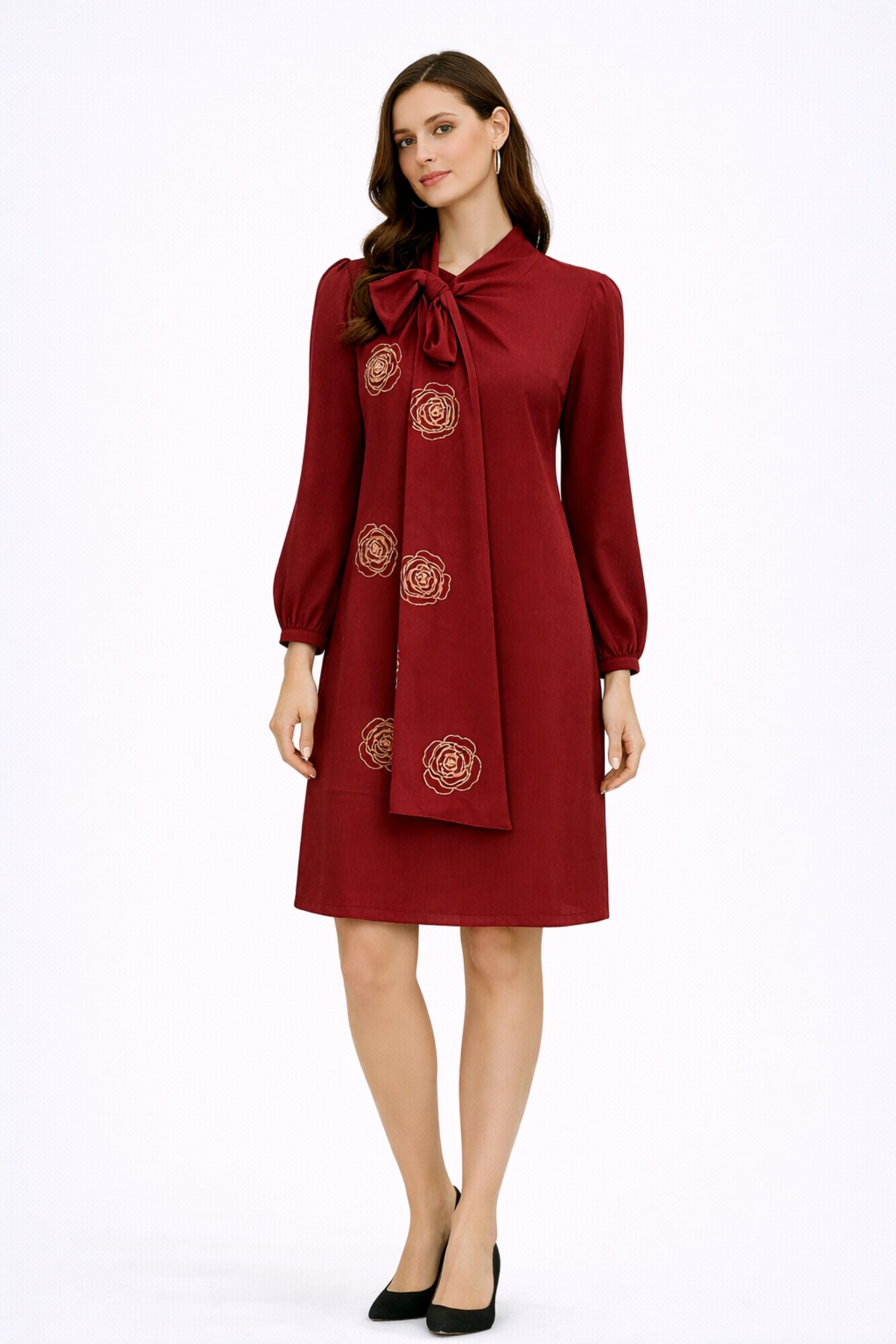 Maroon Floral Bow-Neck Midi Dress