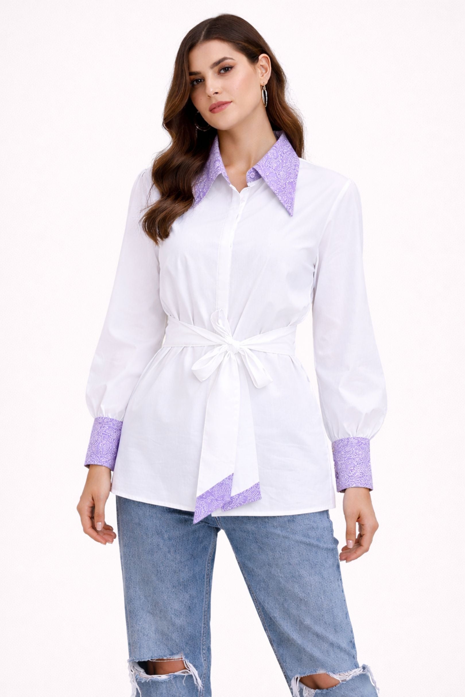 White & Lilac Embroidered Collar Tie-Up Shirt