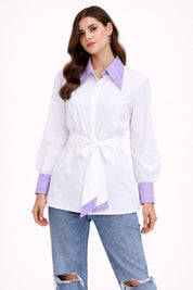 White & Lilac Embroidered Collar Tie-Up Shirt