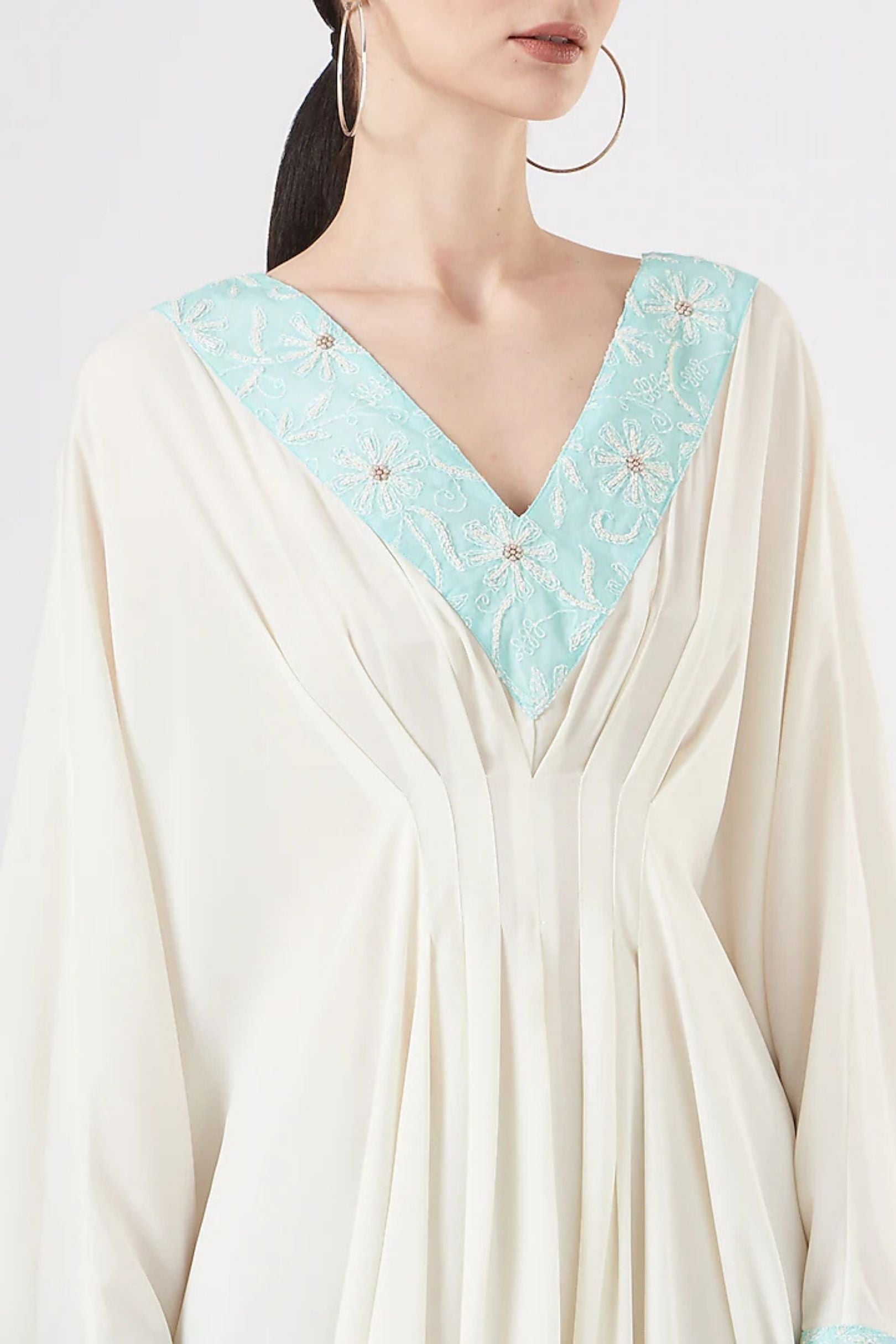 Ivory Draped Dress with Aqua Embroidered Accents