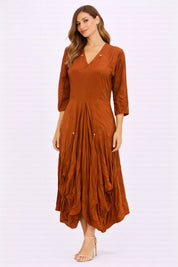 Rust V-Neck Flowy Midi Dress