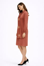 Dusty Pink Floral Bow-Neck Midi Dress