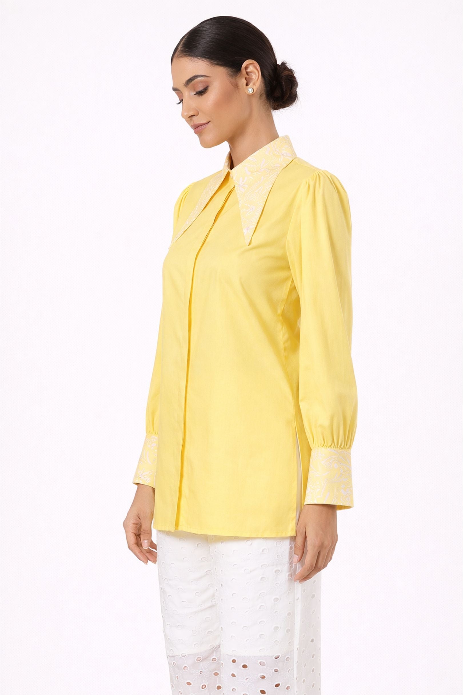 Yellow Embroidered Collar Tie-Up Shirt