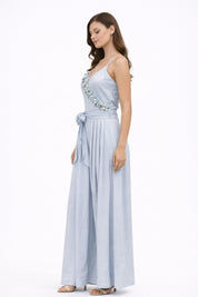 Blue Floral Appliqué Wrap Jumpsuit