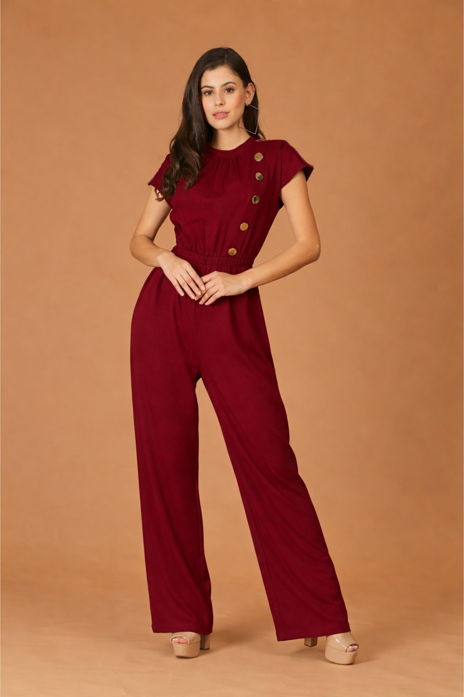 Maroon Turtle Neck Button Jumpsuit