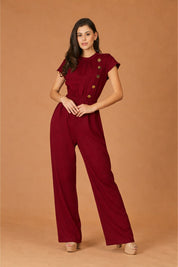 Maroon Turtle Neck Button Jumpsuit