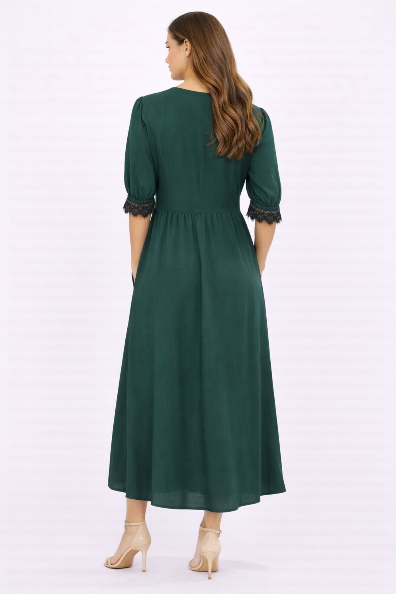 Bottle Green Lace-Trim Sleeve Midi Dress