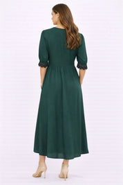 Bottle Green Lace-Trim Sleeve Midi Dress