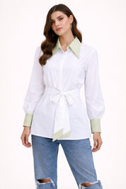 White & Green Embroidred Collar Tie-Up Shirt