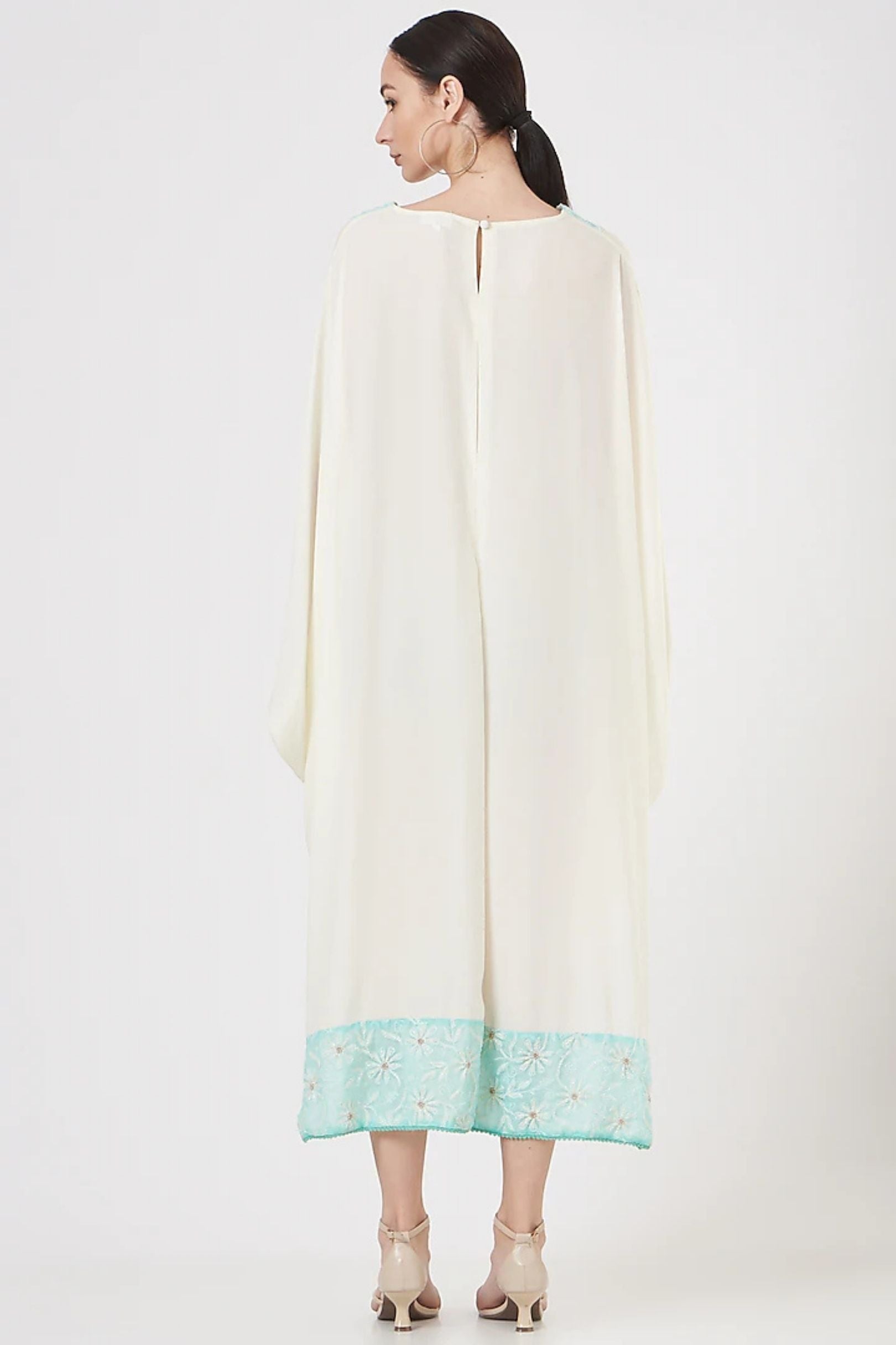 Ivory Draped Dress with Aqua Embroidered Accents