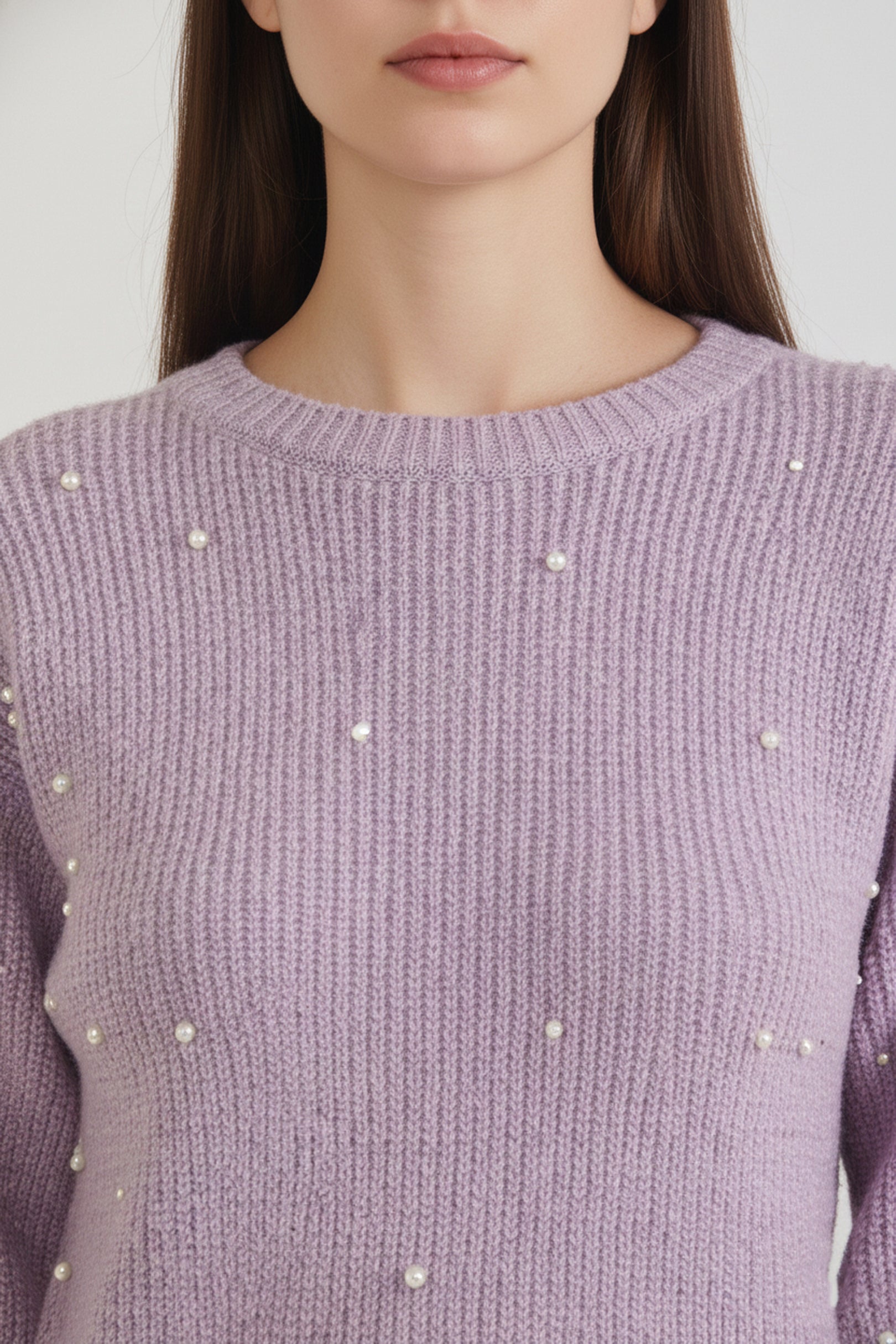 Lilac Scallop Hem Sweater with Black Pants