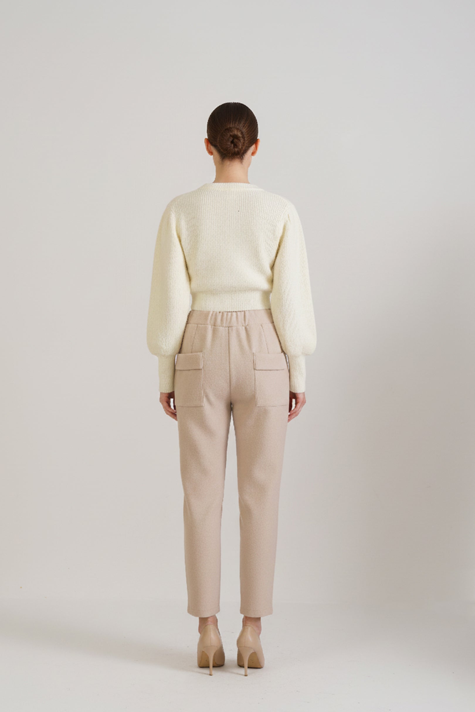 Off White Pearl Drop Shoulder Sweater with Beige Pants