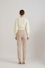 Off White Pearl Drop Shoulder Sweater with Beige Pants