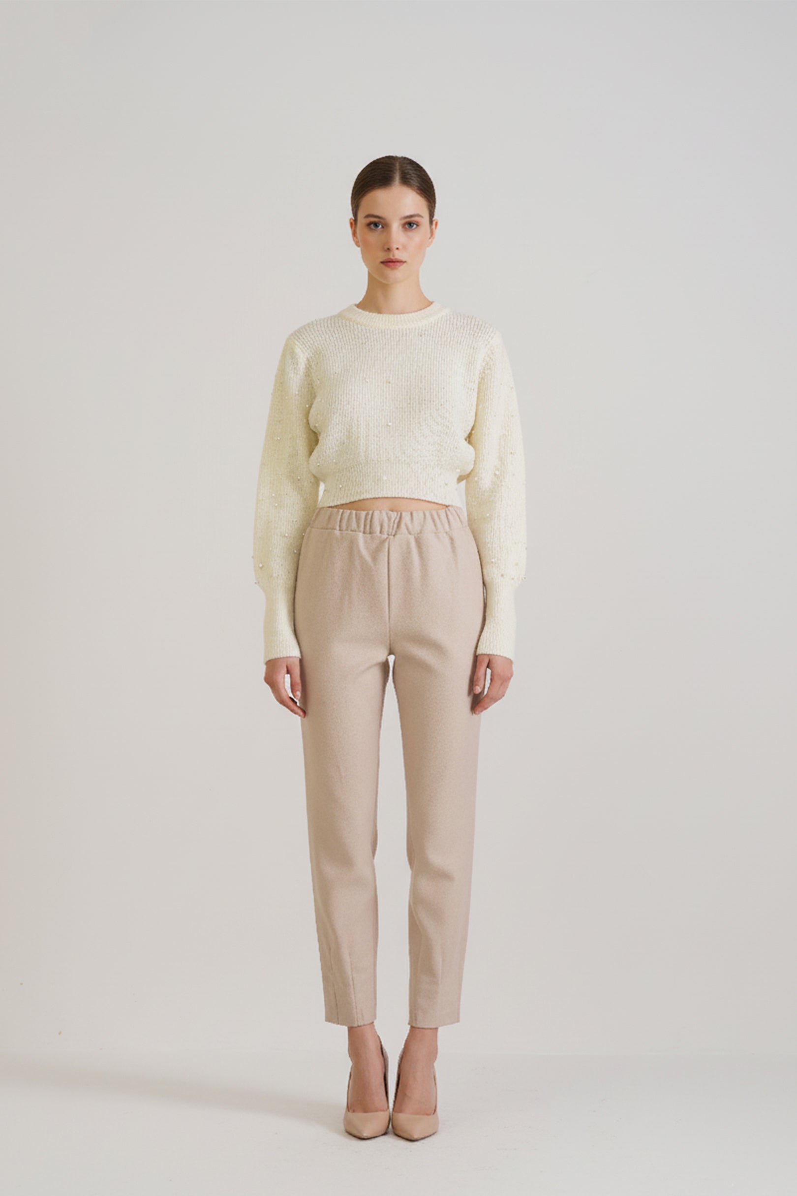 Off White Pearl Drop Shoulder Sweater with Beige Pants