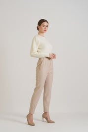 Off White Pearl Drop Shoulder Sweater with Beige Pants