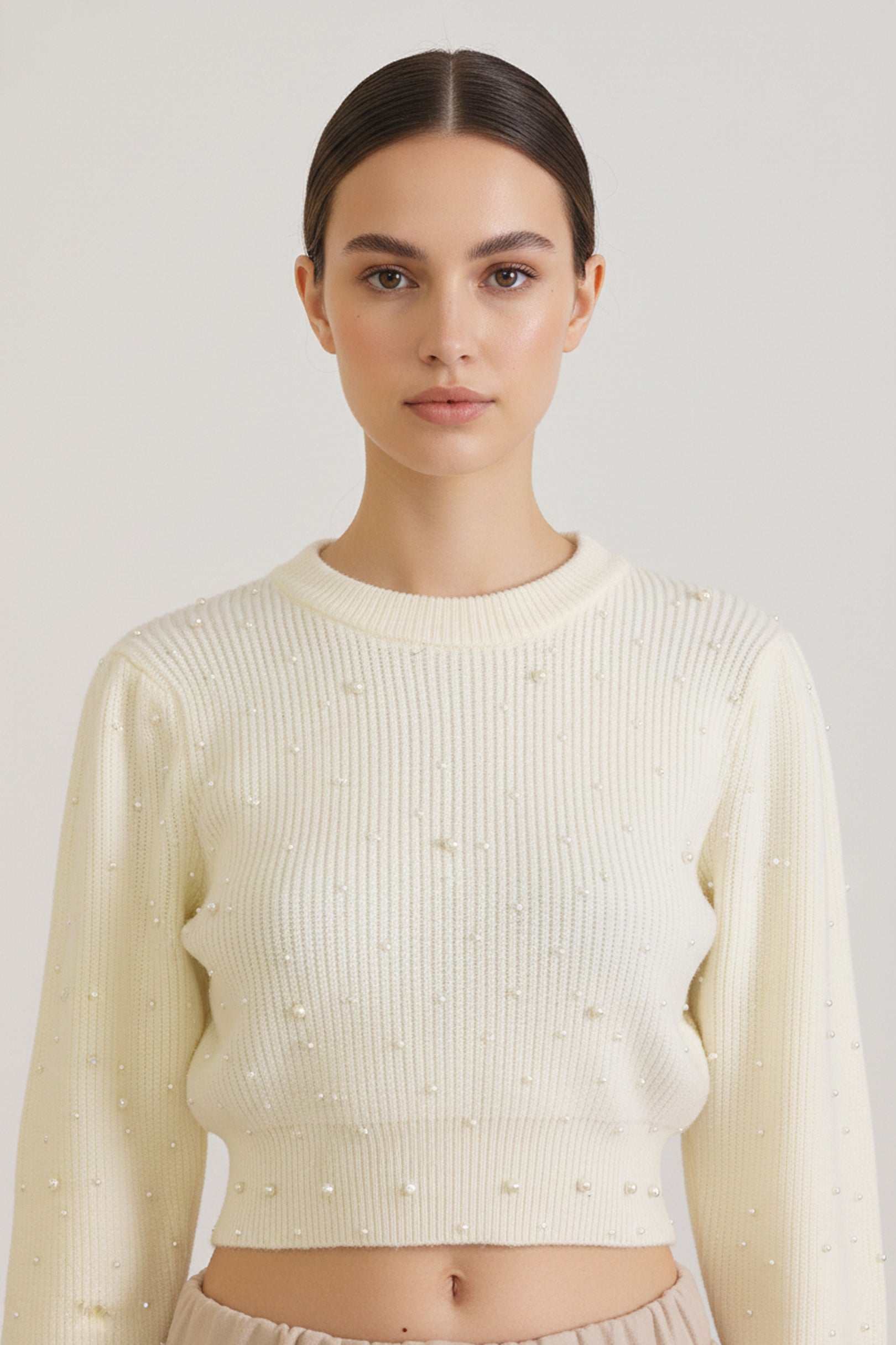 Off White Pearl Drop Shoulder Sweater with Beige Pants