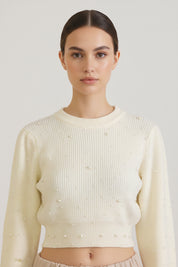 Off White Pearl Drop Shoulder Sweater with Beige Pants