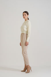 Off White Pearl Drop Shoulder Sweater with Beige Pants