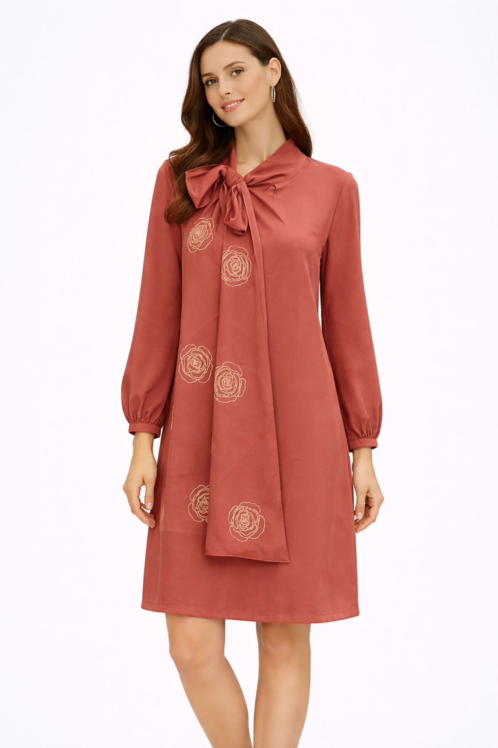 Dusty Pink Floral Bow-Neck Midi Dress