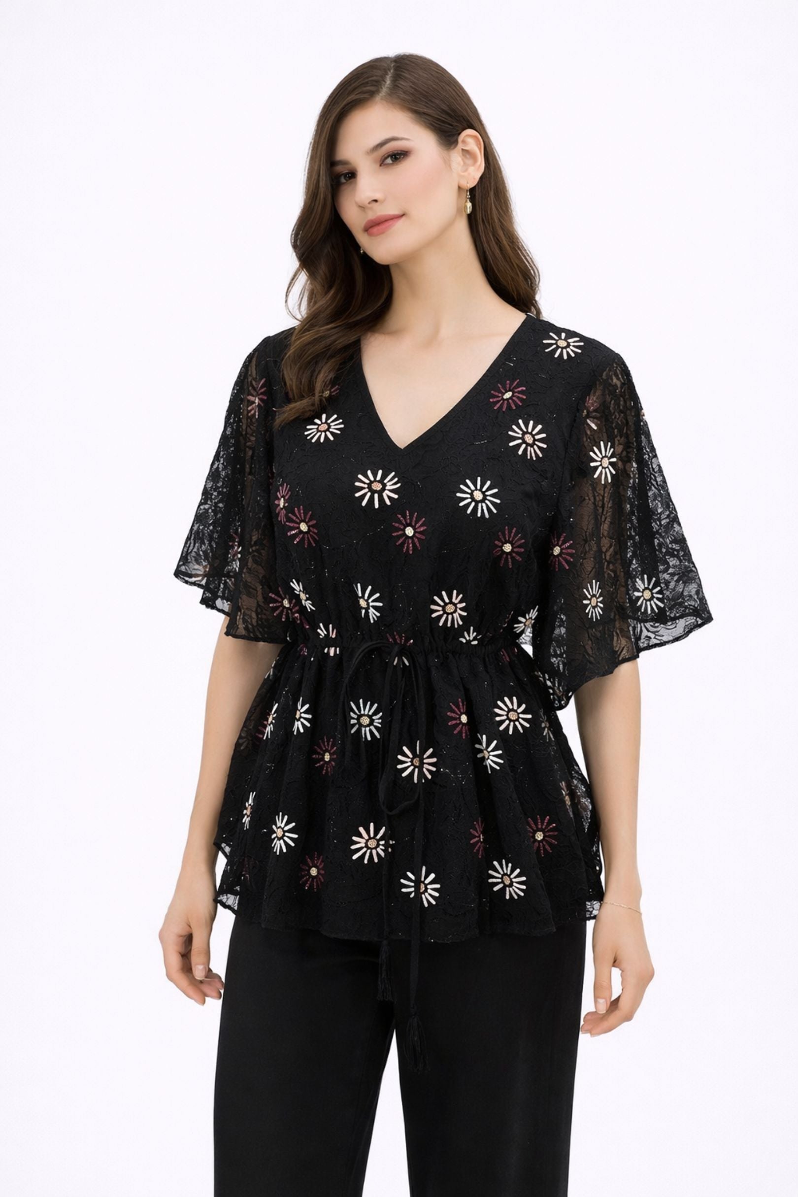Black Embroidered Peplum Top