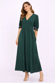 Bottle Green Lace-Trim Sleeve Midi Dress
