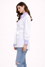 White & Lilac Embroidered Collar Tie-Up Shirt