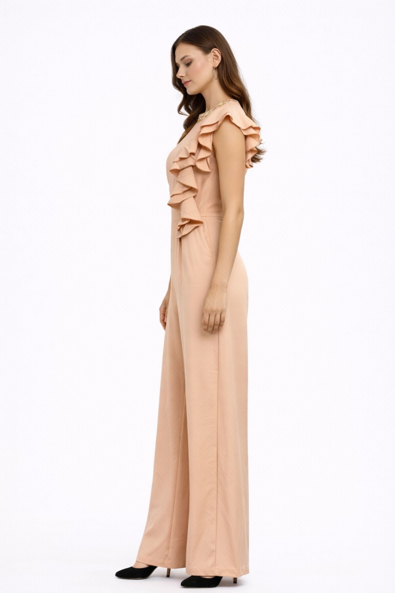 Peach Embellished Ruffle Wide-Leg Jumpsuit