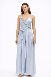 Blue Floral Appliqué Wrap Jumpsuit