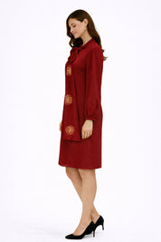 Maroon Floral Bow-Neck Midi Dress