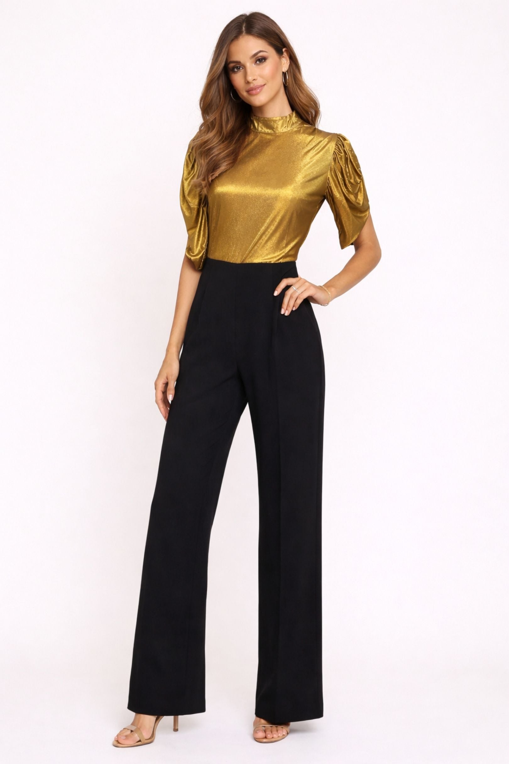 Gold & Black Puffed Sleeve Jumpsuit