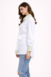 White & Green Embroidred Collar Tie-Up Shirt