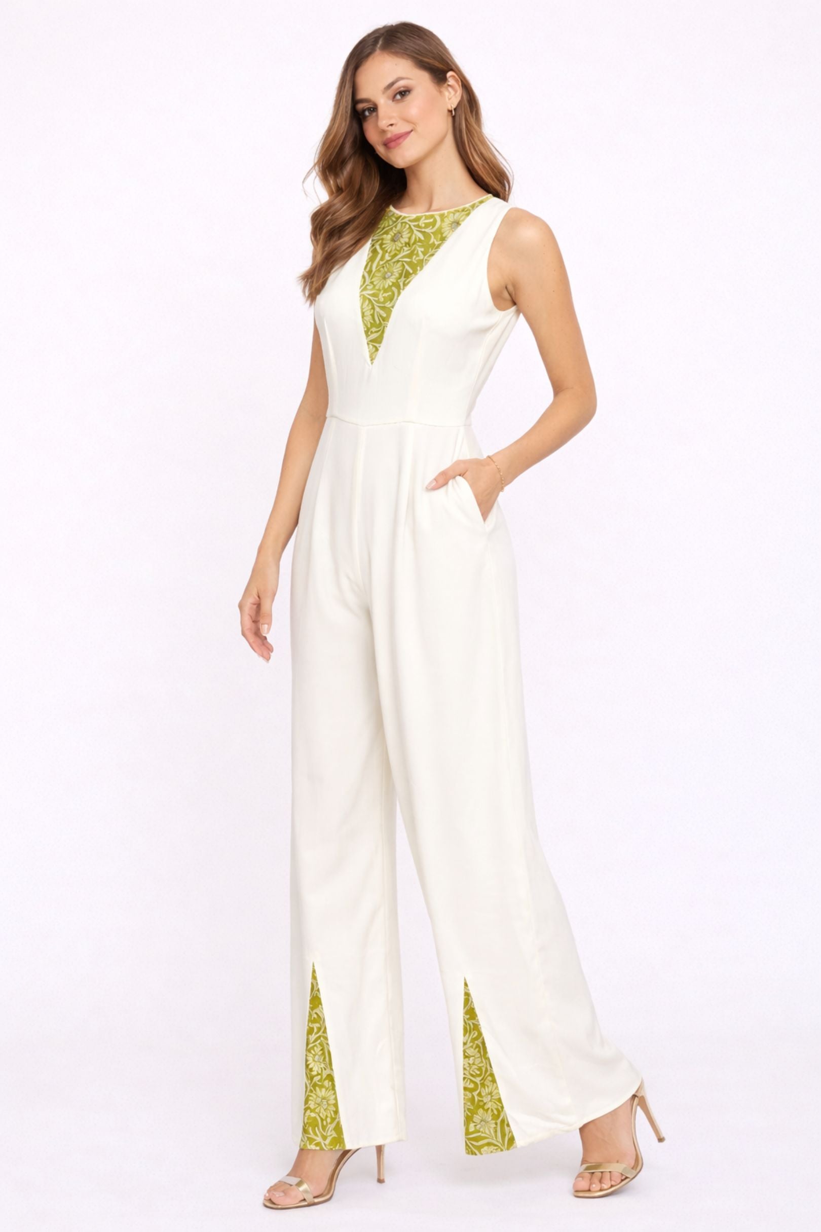 Ivory & Green Contrast Panel Jumpsuit