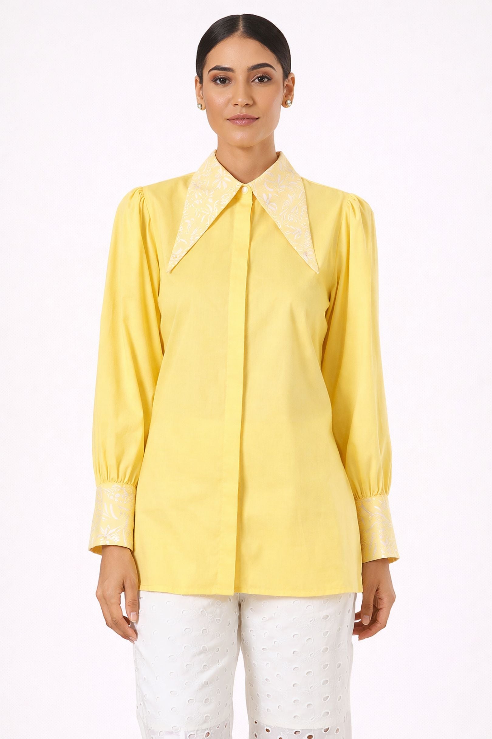 Yellow Embroidered Collar Tie-Up Shirt
